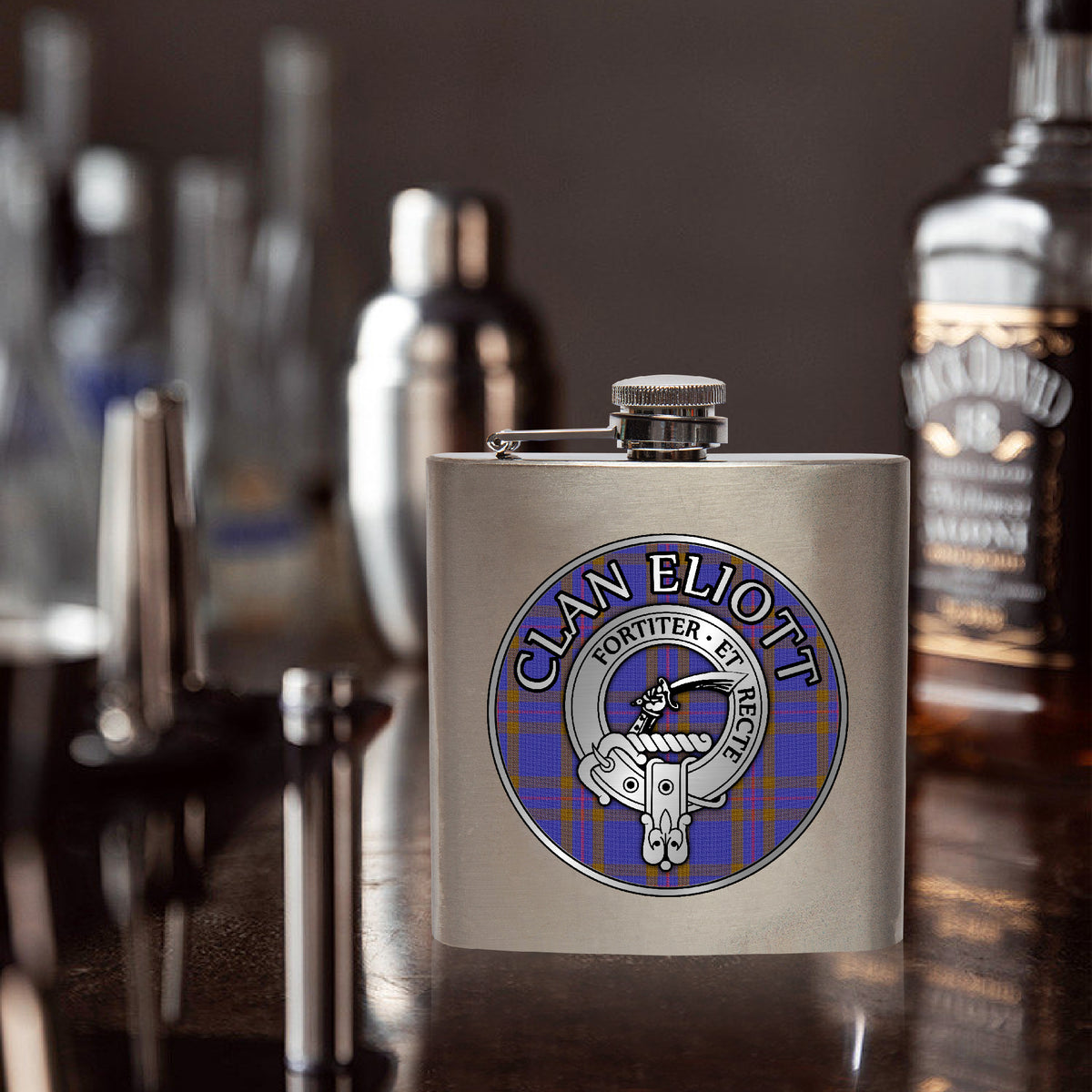 Clan Eliott Crest & Tartan 7oz Stainless Steel Hip Flask
