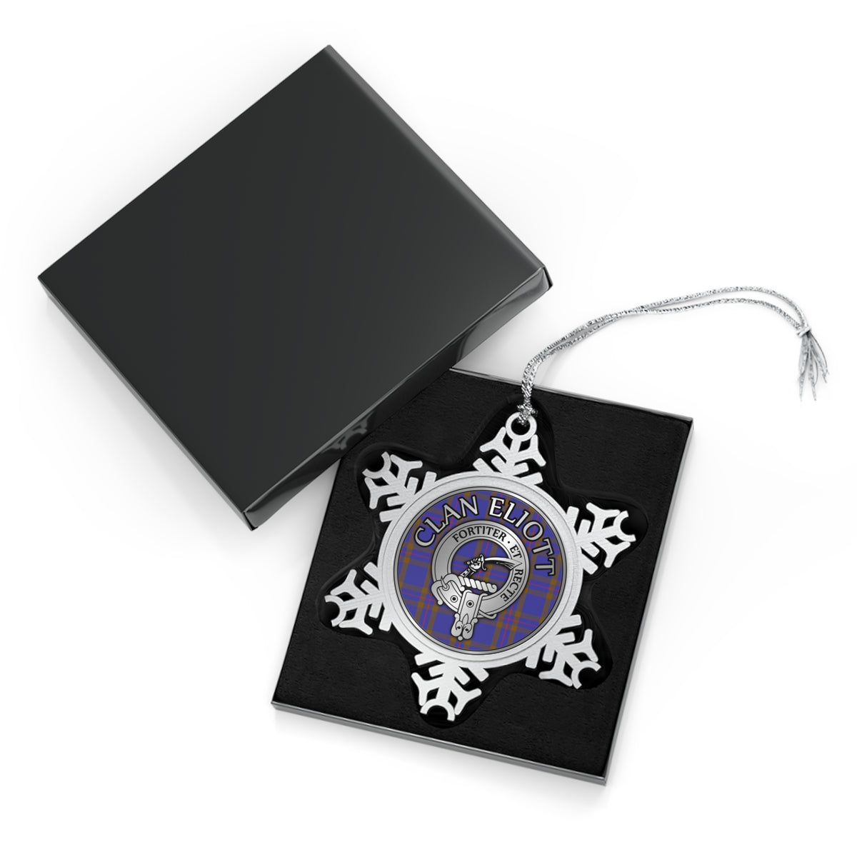 Clan Eliott Crest & Tartan Pewter Snowflake Ornament
