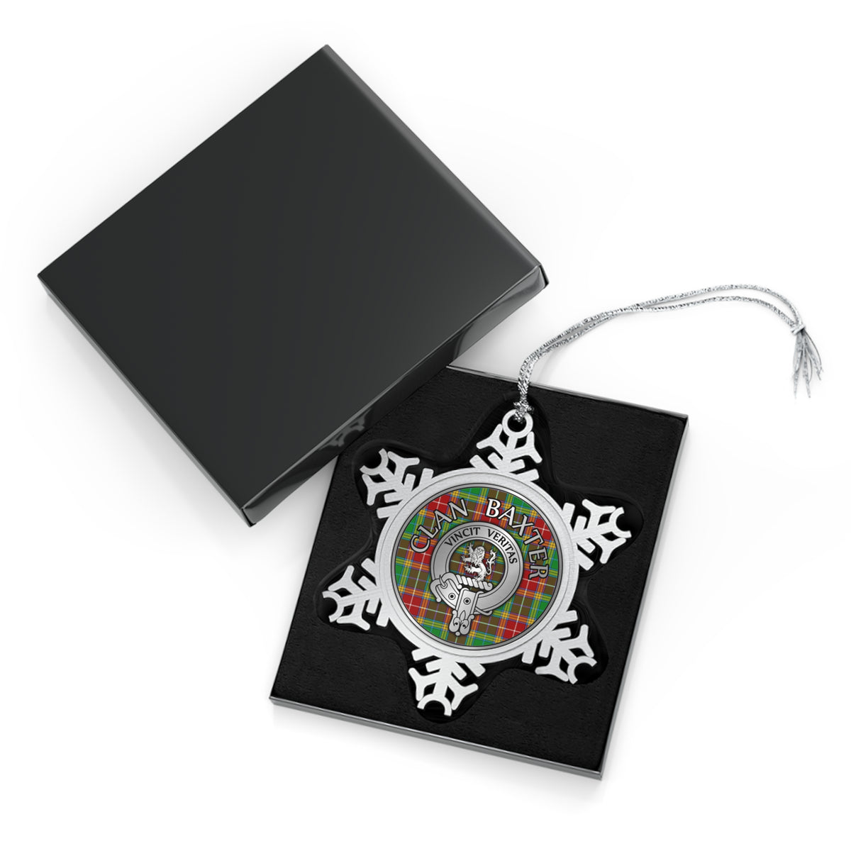 Clan Baxter Crest & Tartan Pewter Snowflake Ornament