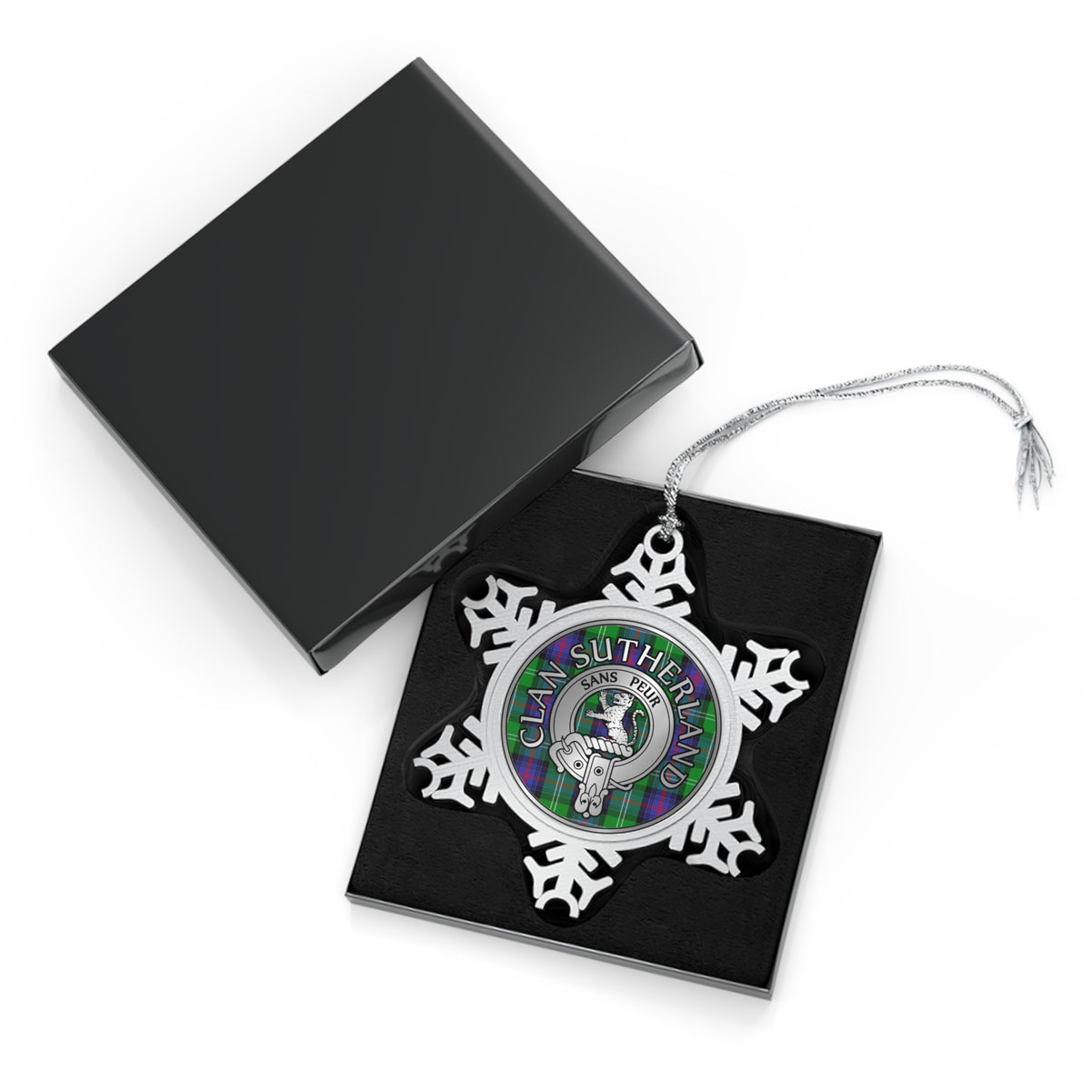 Clan Sutherland Crest & Tartan Pewter Snowflake Ornament