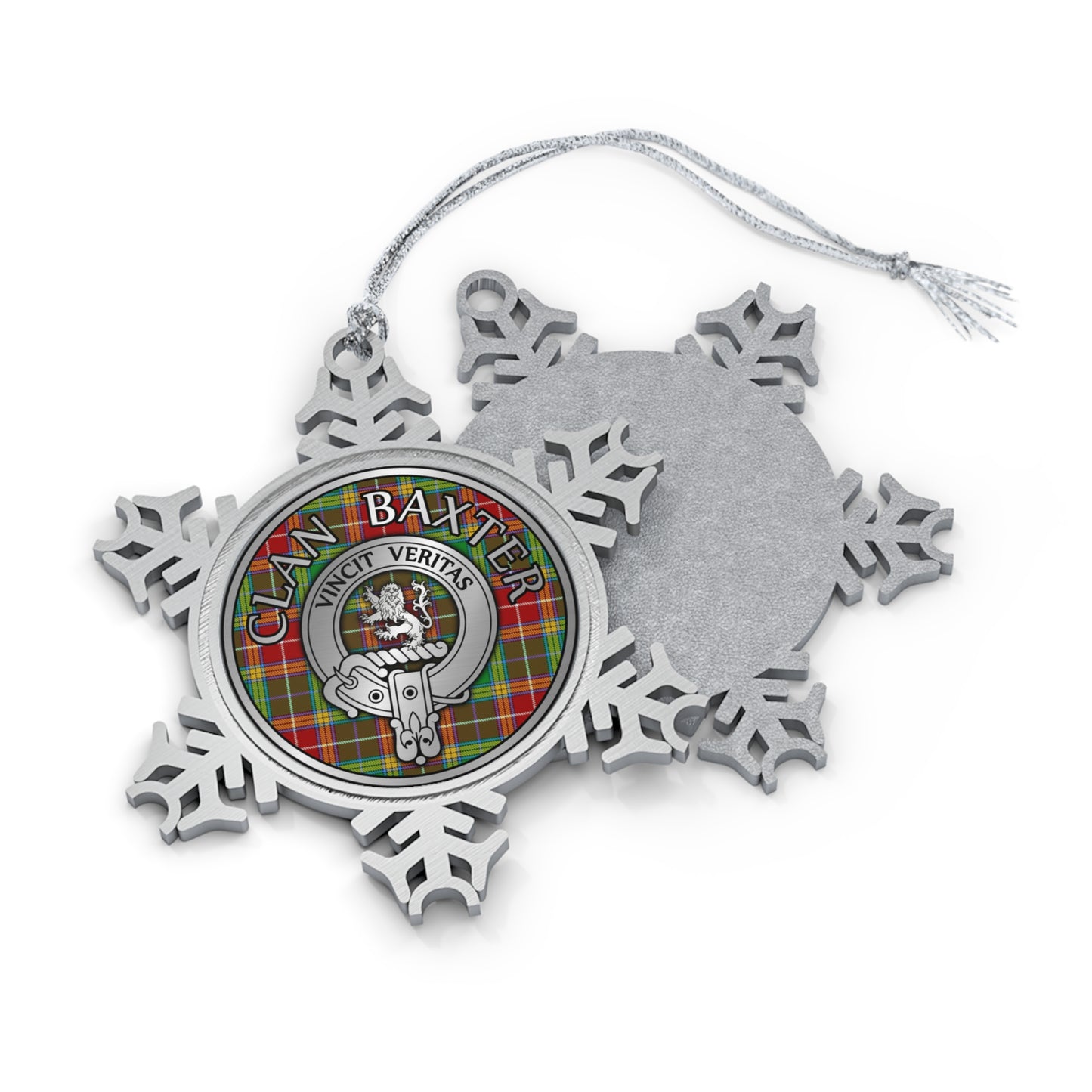 Clan Baxter Crest & Tartan Knot Pewter Snowflake Ornament