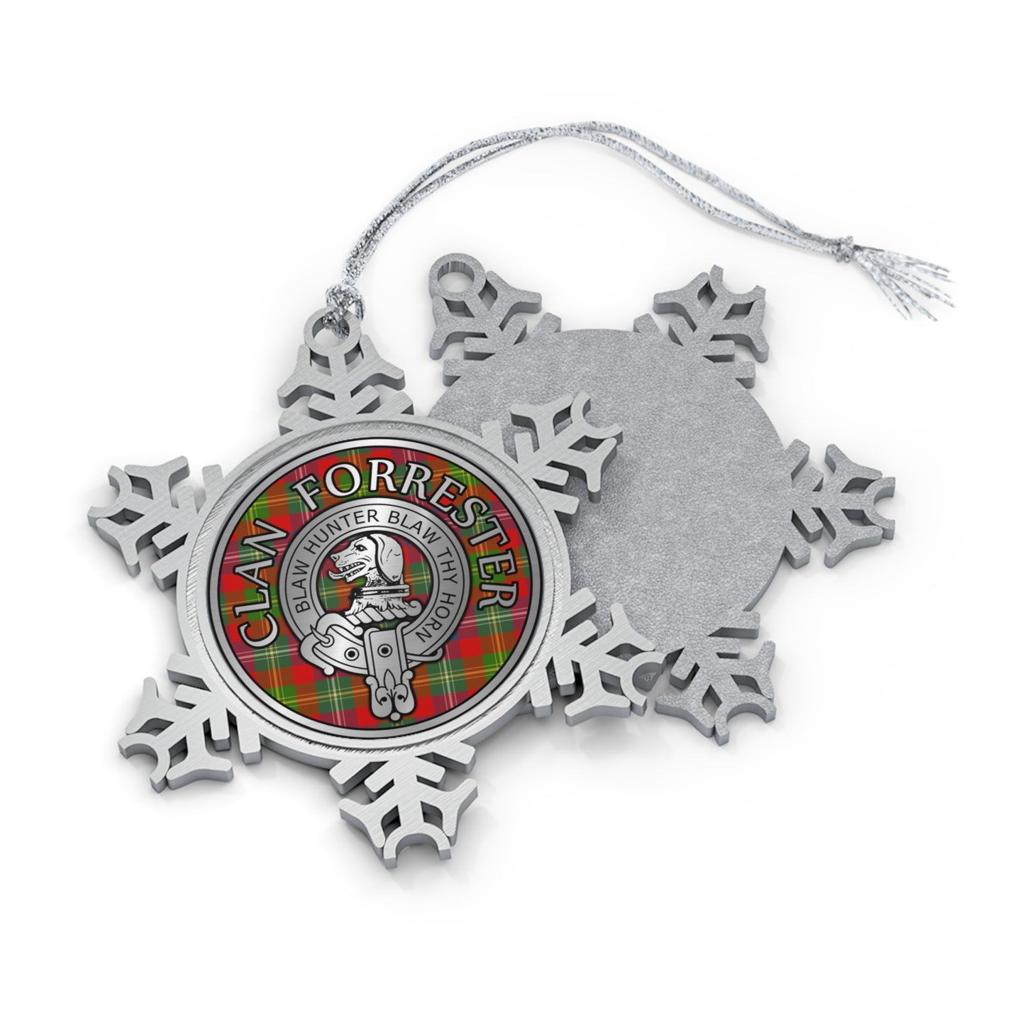 Clan Forrester Crest & Tartan Knot Pewter Snowflake Ornament