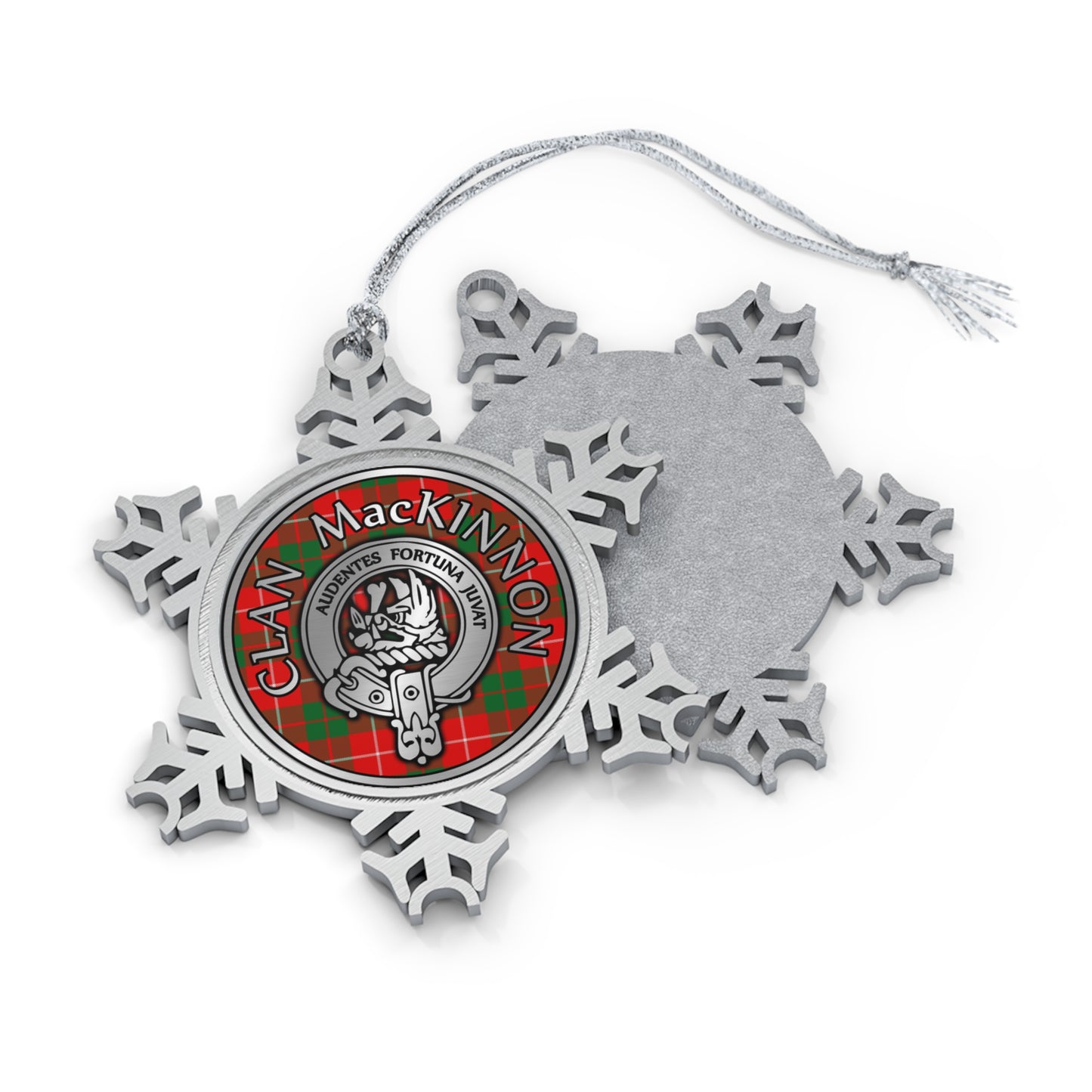 Clan MacKinnon Crest & Tartan Knot Pewter Snowflake Ornament