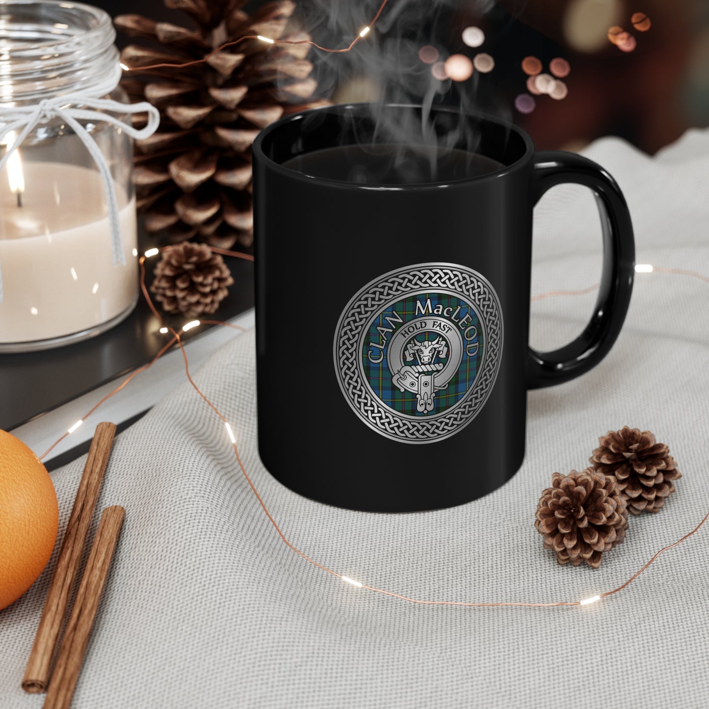 Clan MacLeod Crest & (Harris) Tartan 11oz Black Mug