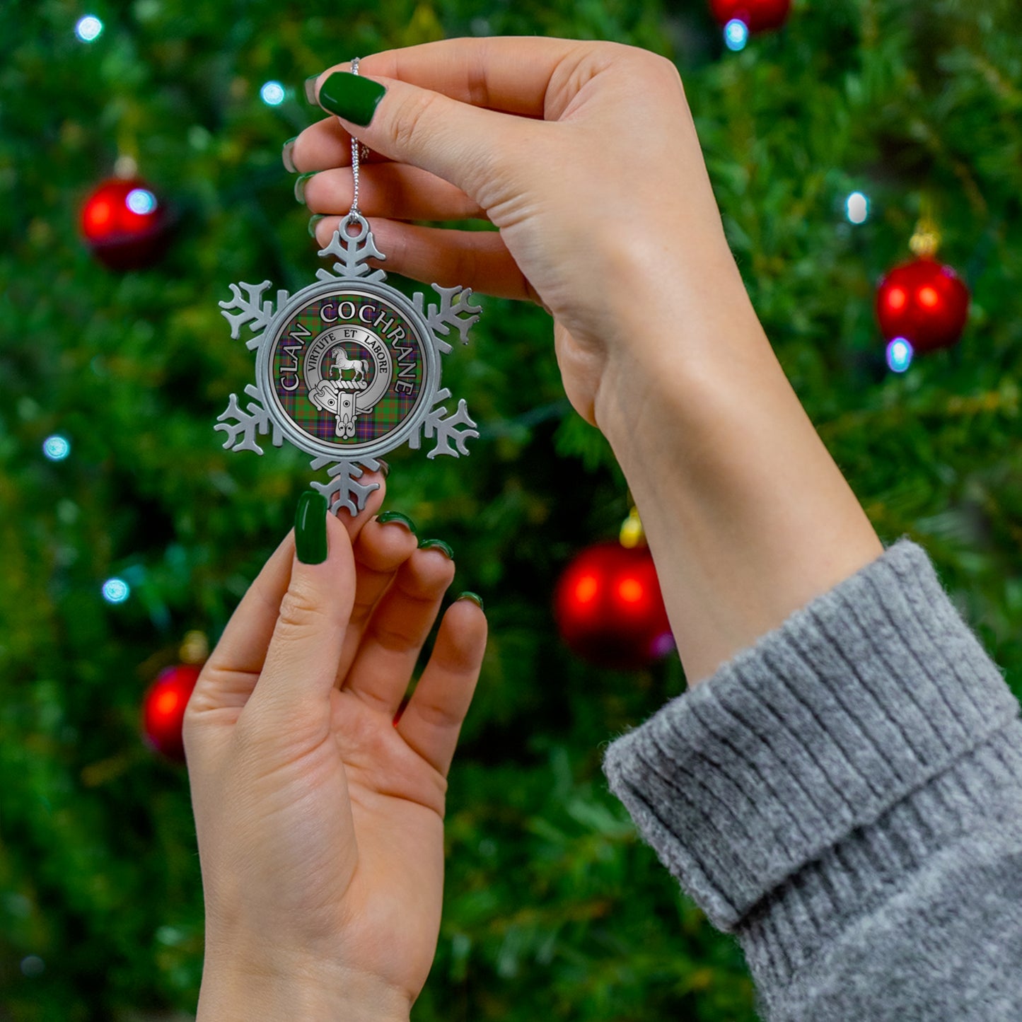 Clan Cochrane Crest & Tartan Knot Pewter Snowflake Ornament