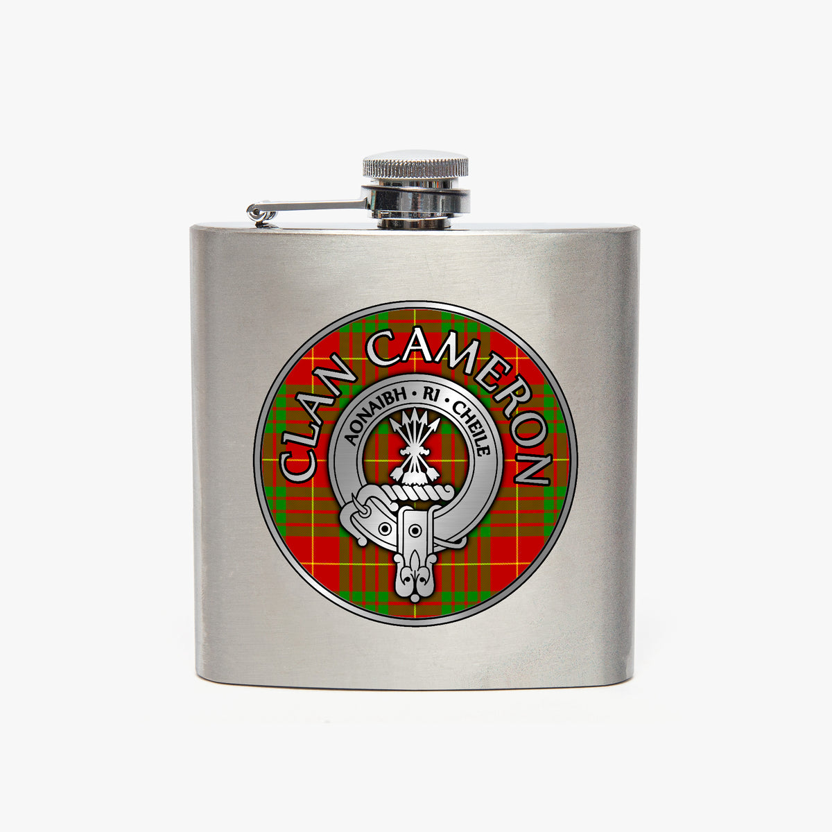 Clan Cameron Crest & Tartan 7oz Stainless Steel Hip Flask