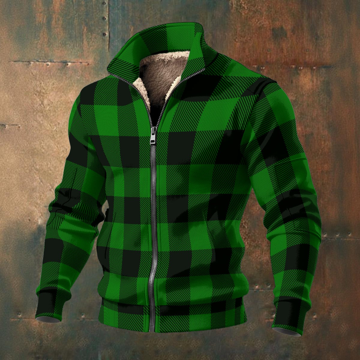 Buffalo Check - Green - Men's Thick Knit Fleece Jacket