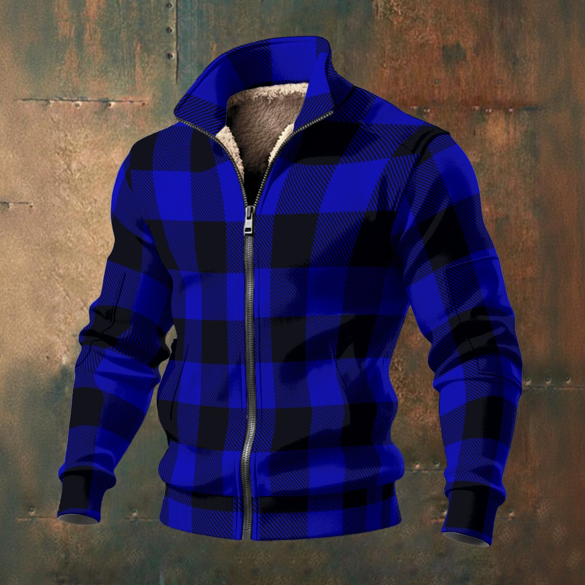 Buffalo Check - Blue - Men's Thick Knit Fleece Jacket