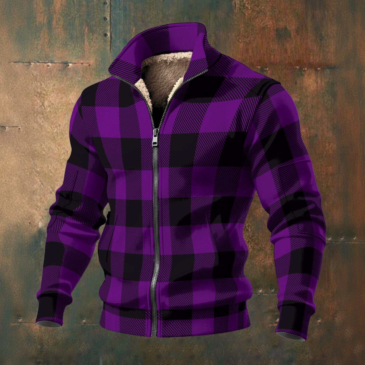 Buffalo Check - Purple - Men's Thick Knit Fleece Jacket
