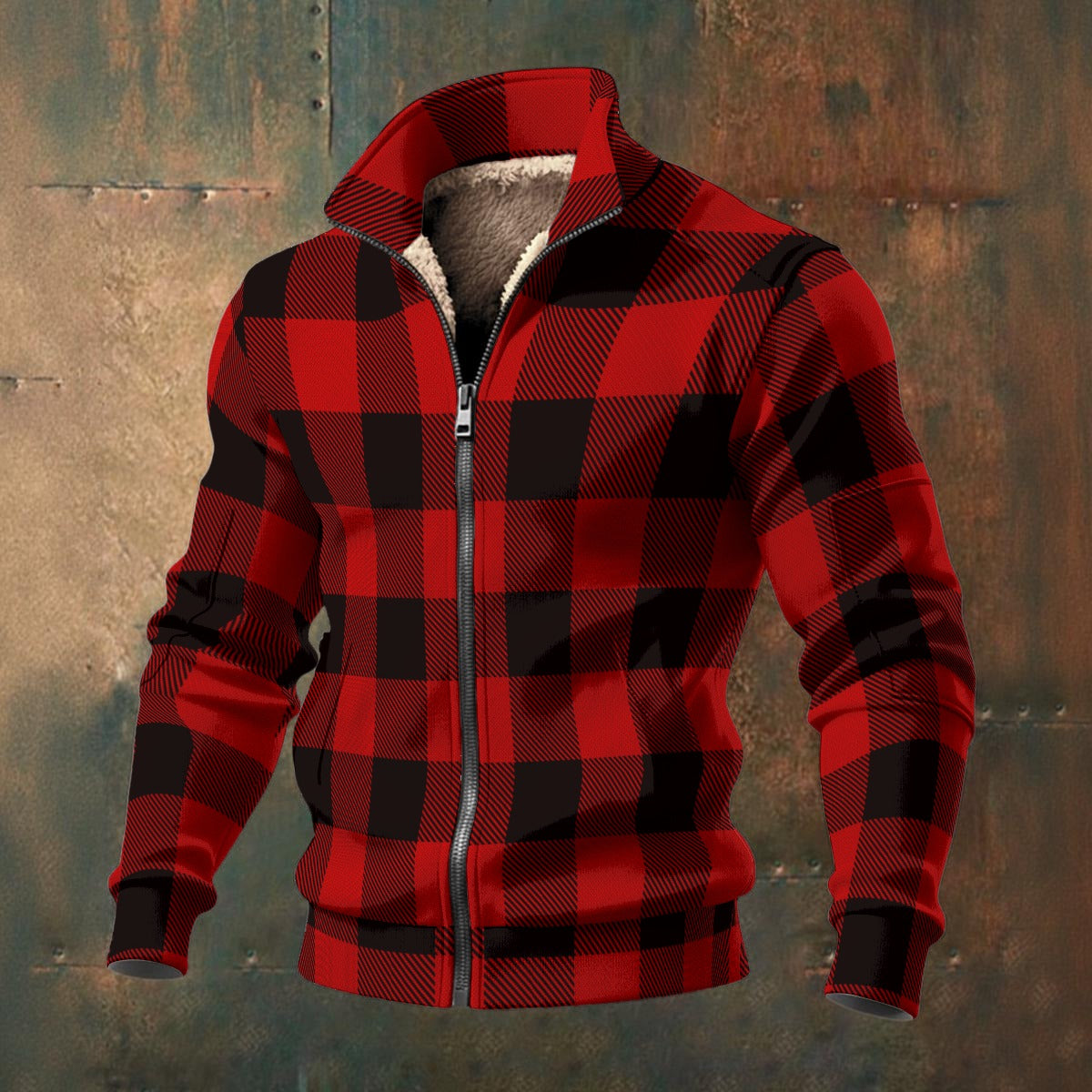 Buffalo Check - Red - Men's Thick Knit Fleece Jacket
