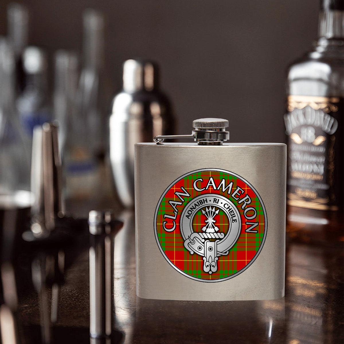 Clan Cameron Crest & Tartan 7oz Stainless Steel Hip Flask