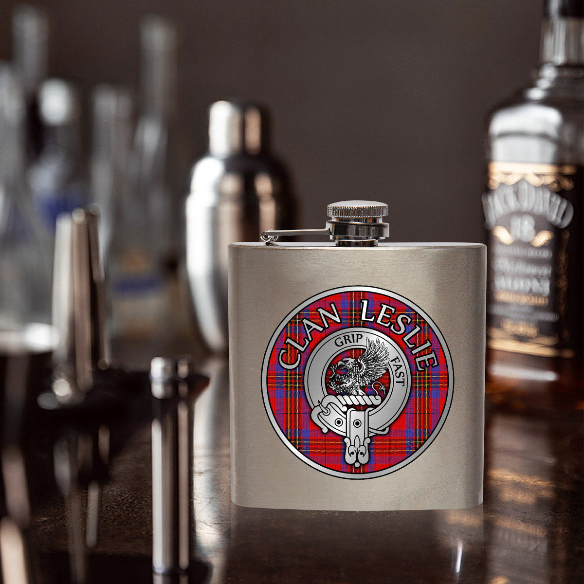 Clan Leslie Crest & Tartan 7oz Stainless Steel Hip Flask