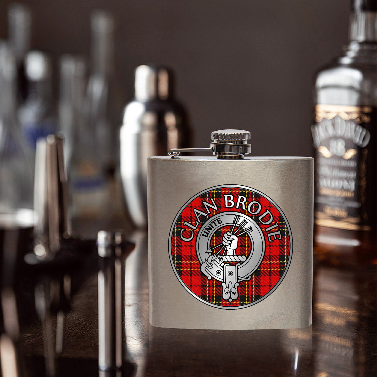 Clan Brodie Crest & Tartan 7oz Stainless Steel Hip Flask