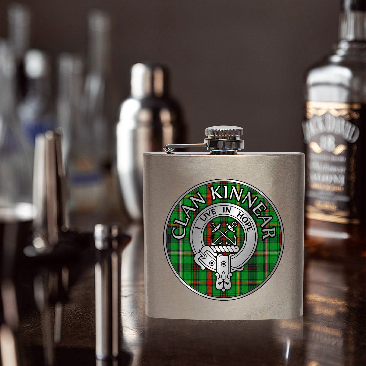 Clan Kinnear Crest & Tartan 7oz Stainless Steel Hip Flask