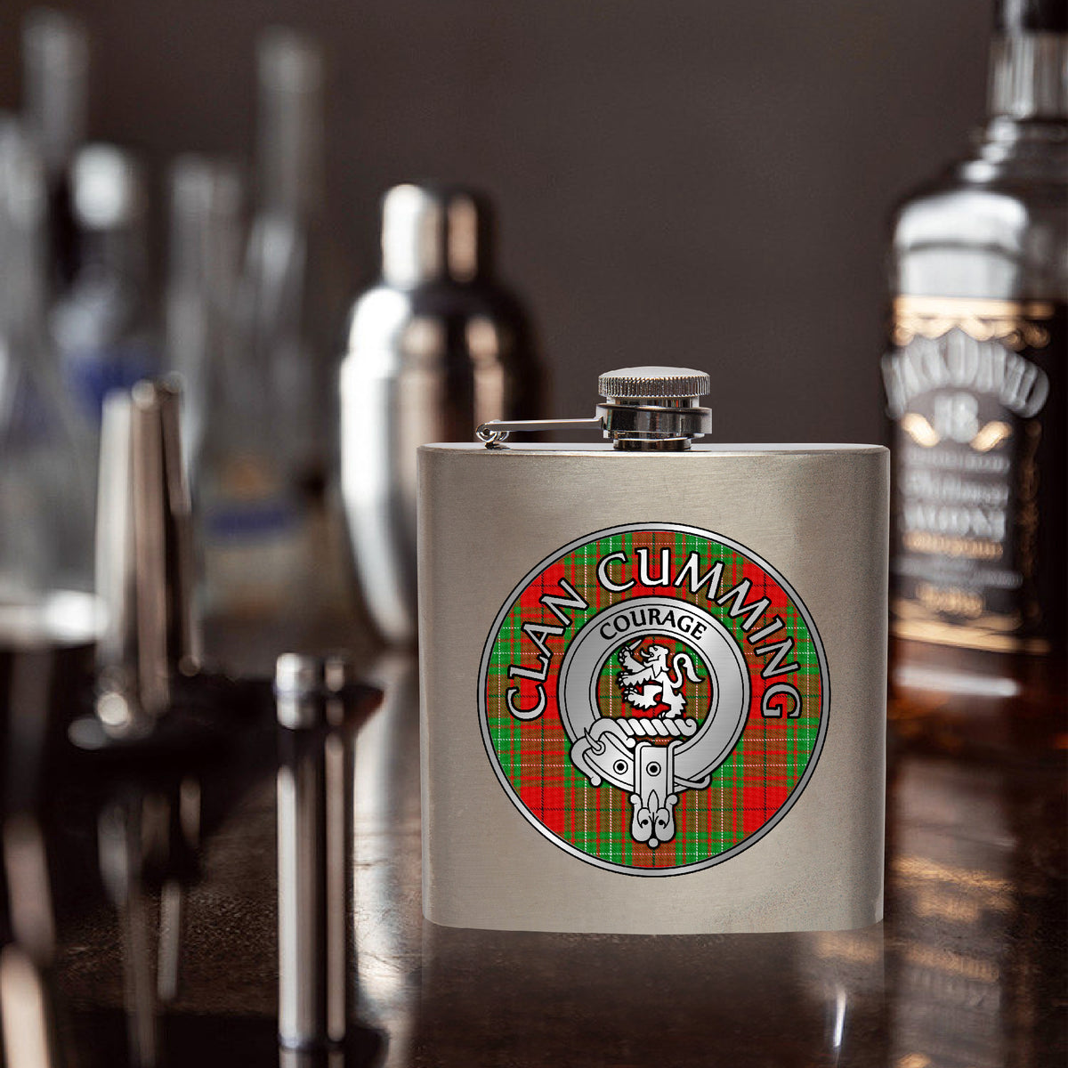 Clan Cumming Crest & Tartan 7oz Stainless Steel Hip Flask