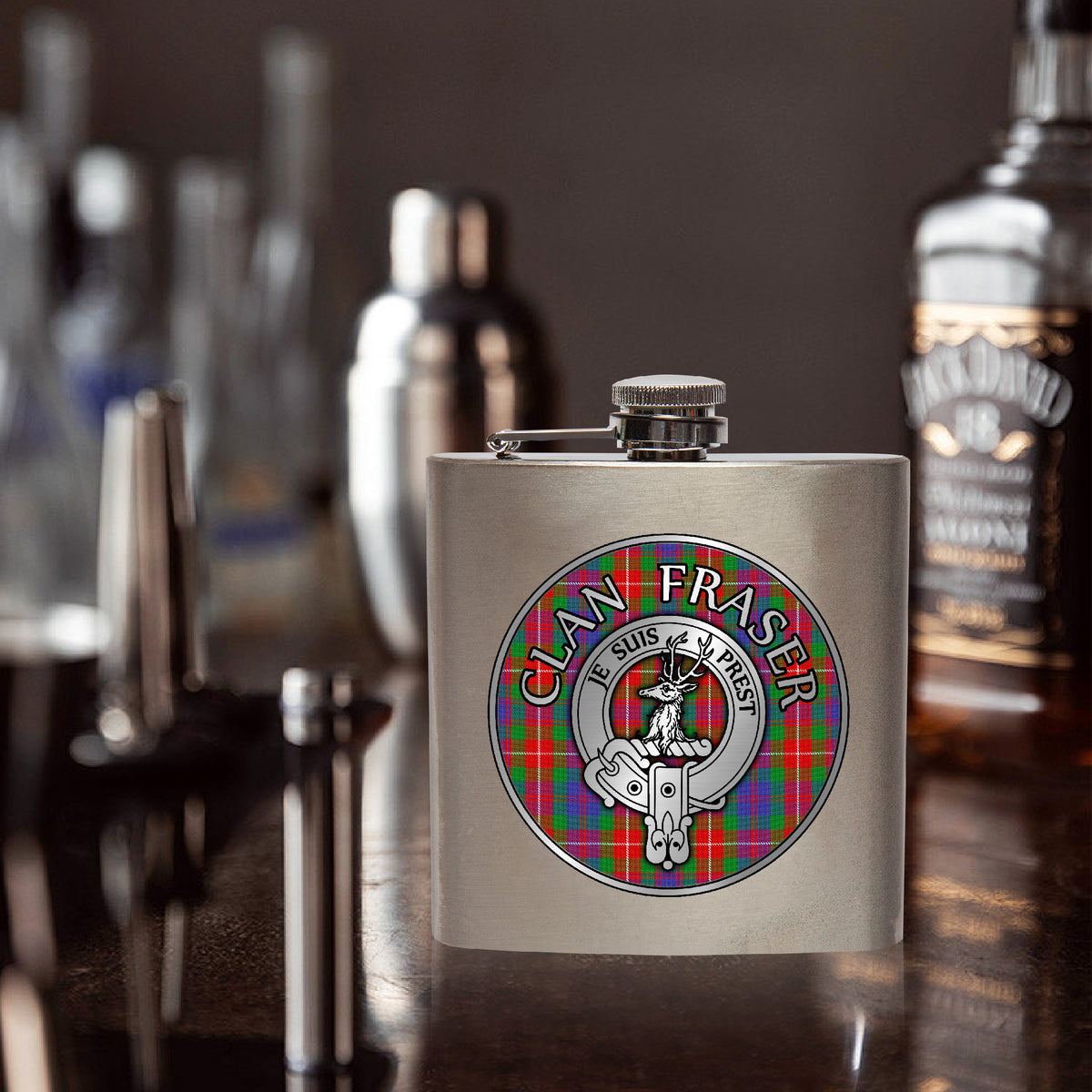 Clan Fraser Crest & Tartan 7oz Stainless Steel Hip Flask