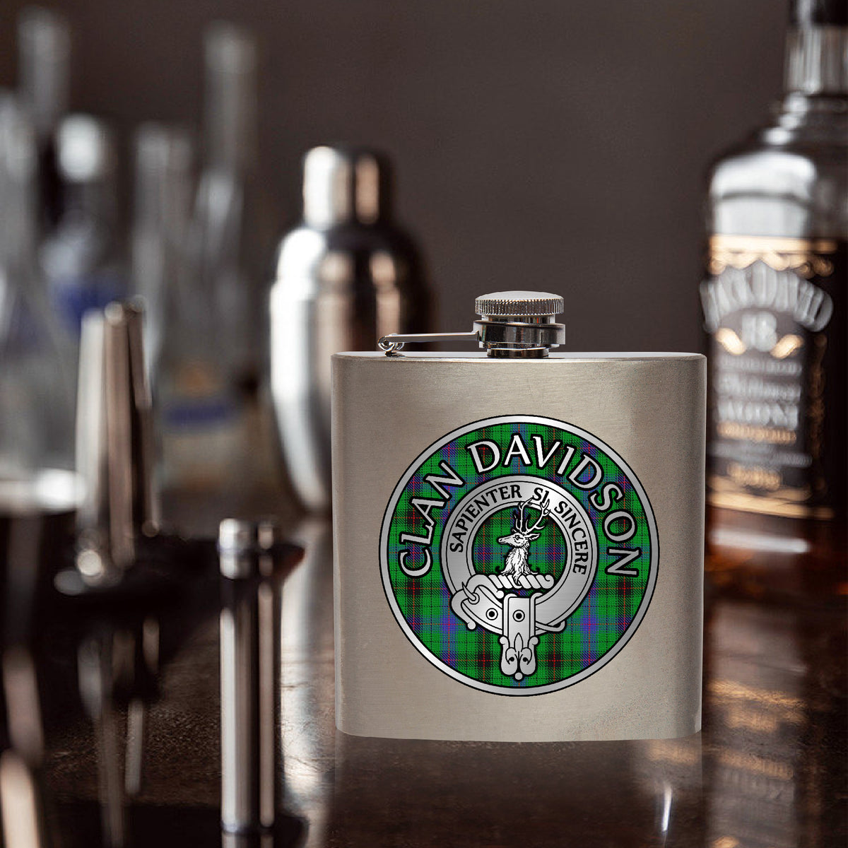 Clan Davidson Crest & Tartan 7oz Stainless Steel Hip Flask