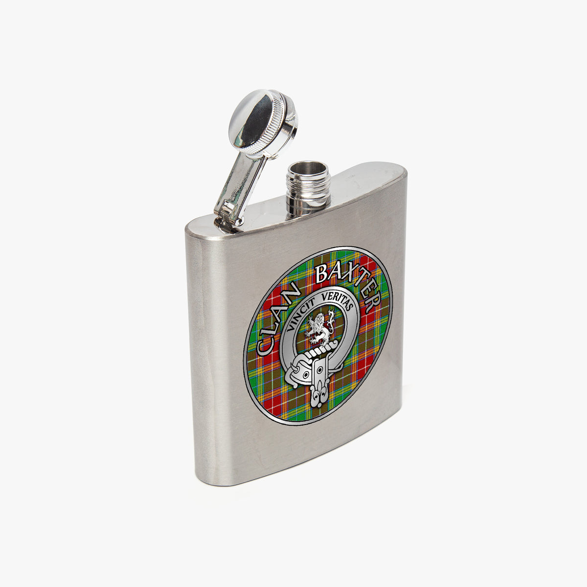 Clan Baxter Crest & Tartan 7oz Stainless Steel Hip Flask