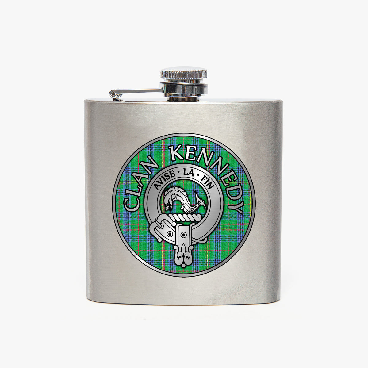 Clan Kennedy Crest & Tartan 7oz Stainless Steel Hip Flask