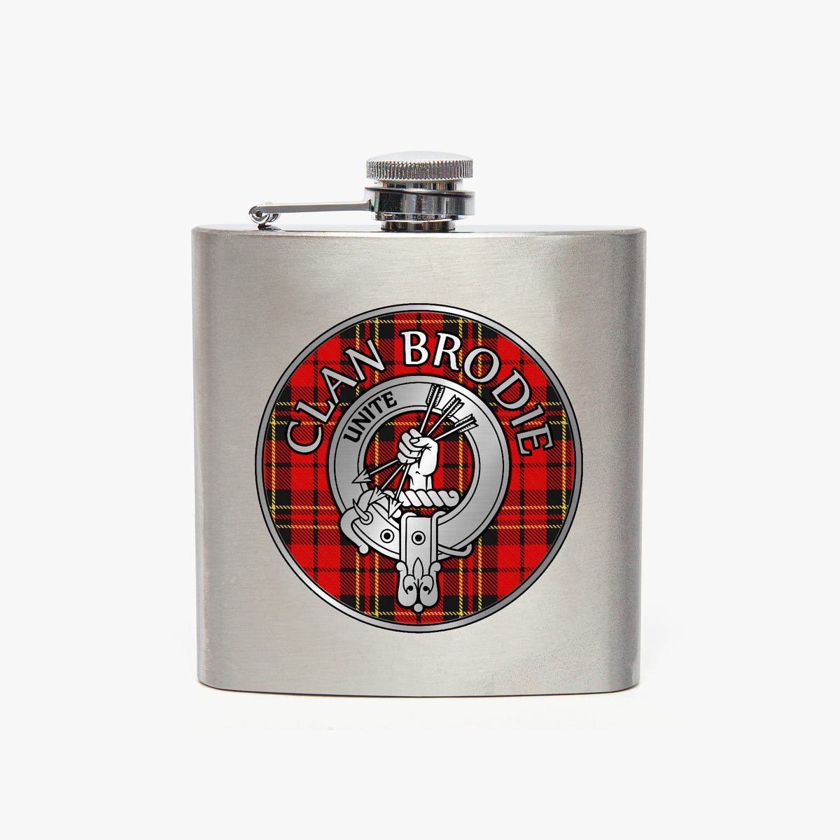 Clan Brodie Crest & Tartan 7oz Stainless Steel Hip Flask