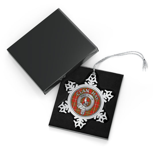 Clan Hay Crest & Tartan Knot Pewter Snowflake Ornament