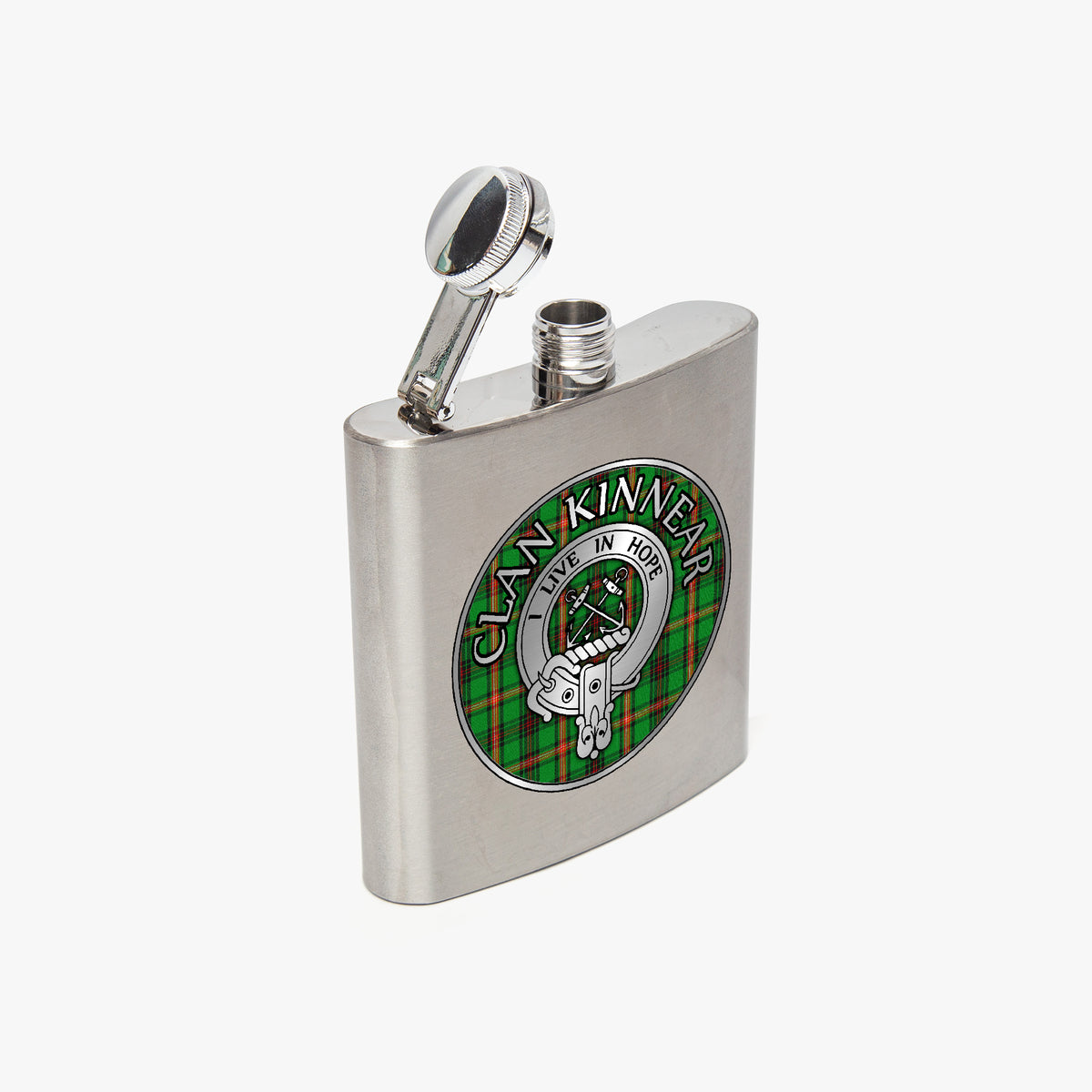 Clan Kinnear Crest & Tartan 7oz Stainless Steel Hip Flask