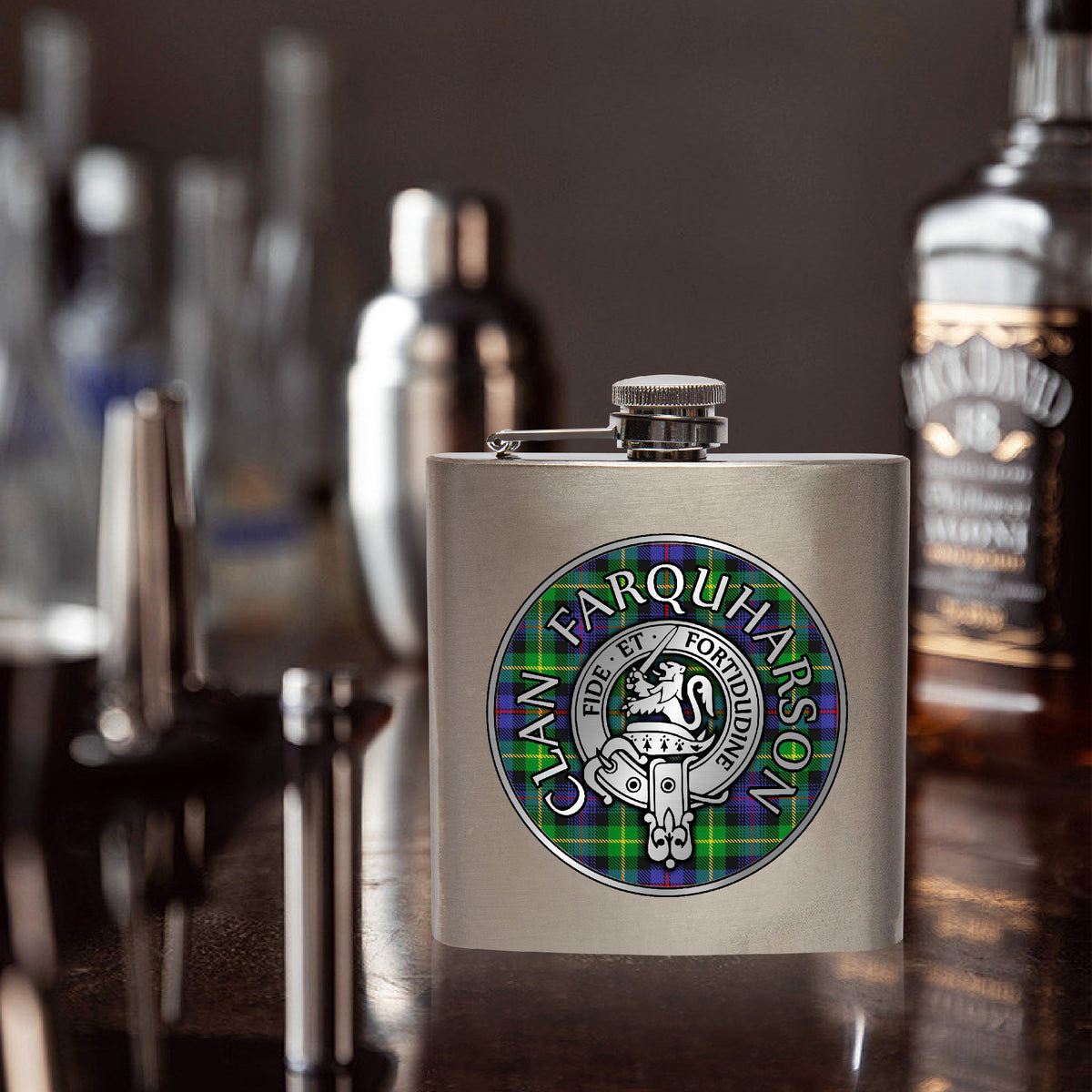 Clan Farquharson Crest & Tartan 7oz Stainless Steel Hip Flask