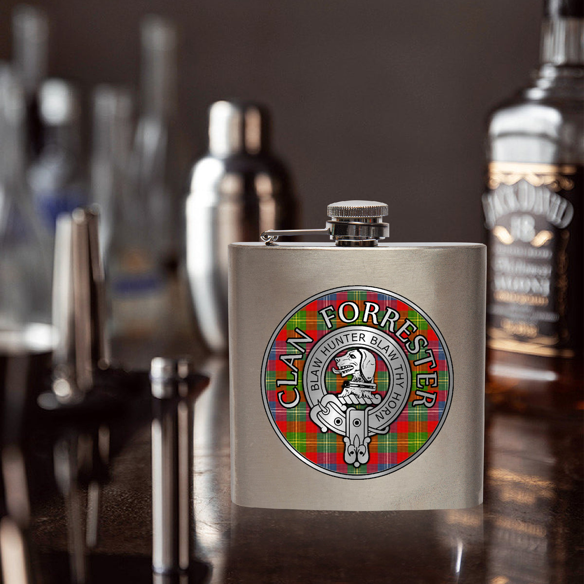 Clan Forrester Crest & Tartan 7oz Stainless Steel Hip Flask