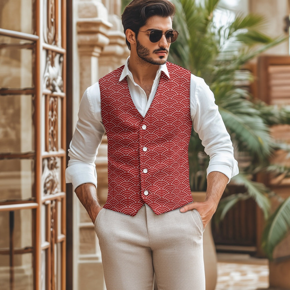 Wagara - Seigaiha Red/Silver Suit vest jacket
