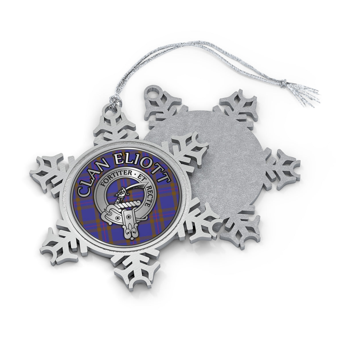 Clan Eliott Crest & Tartan Pewter Snowflake Ornament
