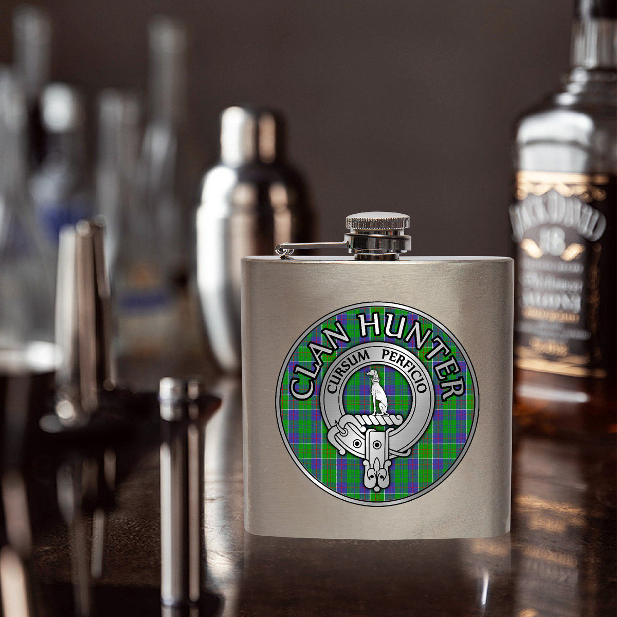 Clan Hunter Crest & Tartan 7oz Stainless Steel Hip Flask