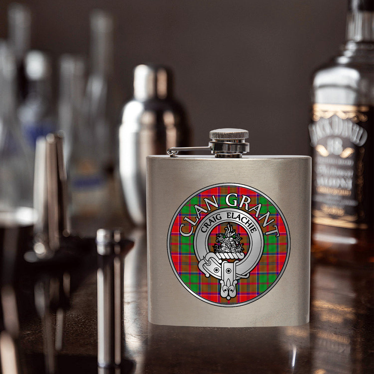 Clan Grant Crest & Tartan 7oz Stainless Steel Hip Flask