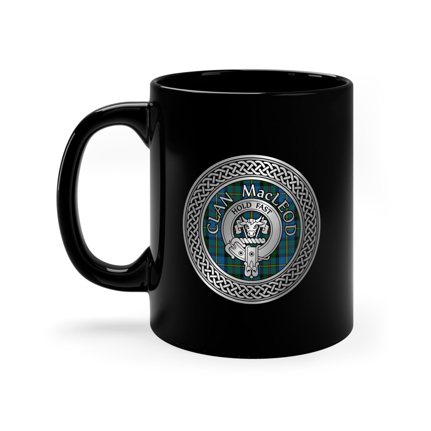 Clan MacLeod Crest & (Harris) Tartan 11oz Black Mug