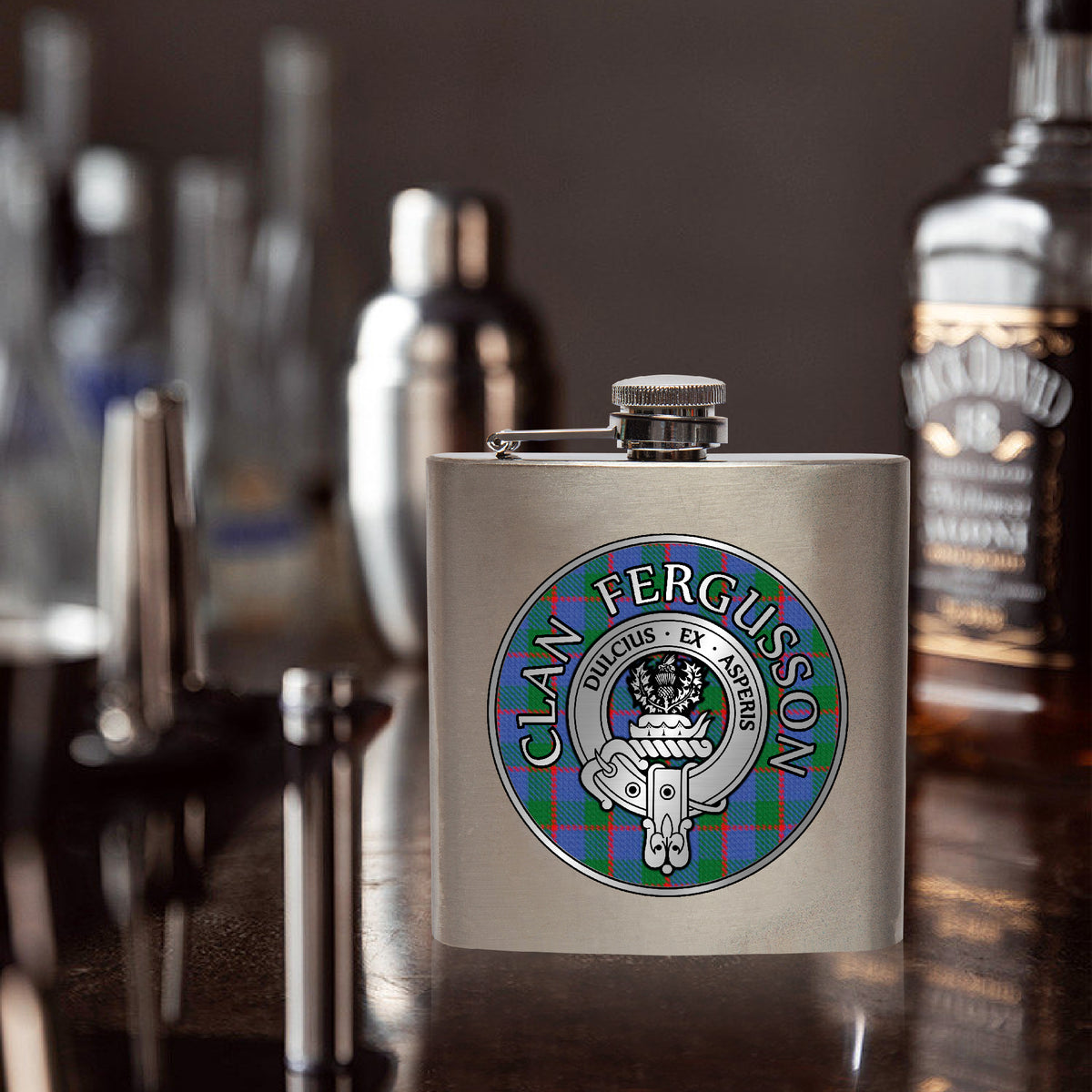 Clan Fergusson Crest & Tartan 7oz Stainless Steel Hip Flask