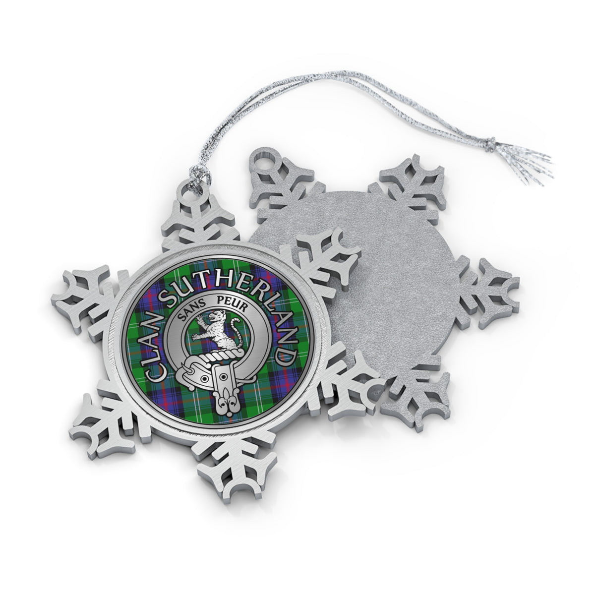 Clan Sutherland Crest & Tartan Pewter Snowflake Ornament