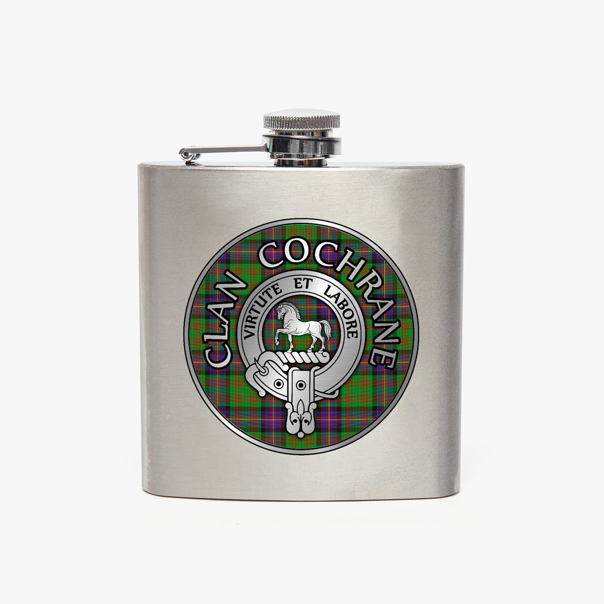 Clan Cochrane Crest & Tartan 7oz Stainless Steel Hip Flask