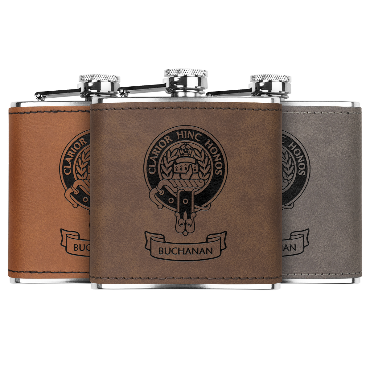 Clan Buchanan Crest Leather Wrapped 6 oz Flask