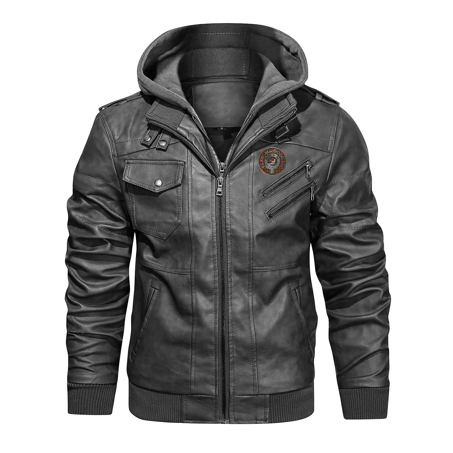 Clan MacDougall Crest & Tartan PU Leather Hooded Jacket