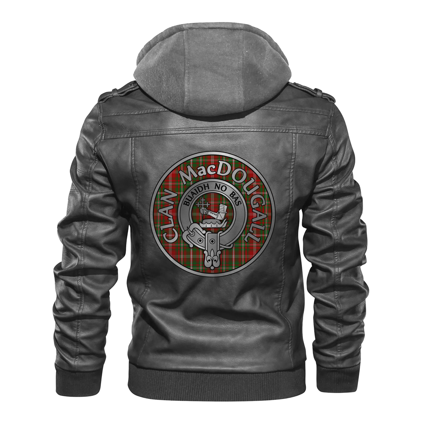 Clan MacDougall Crest & Tartan PU Leather Hooded Jacket