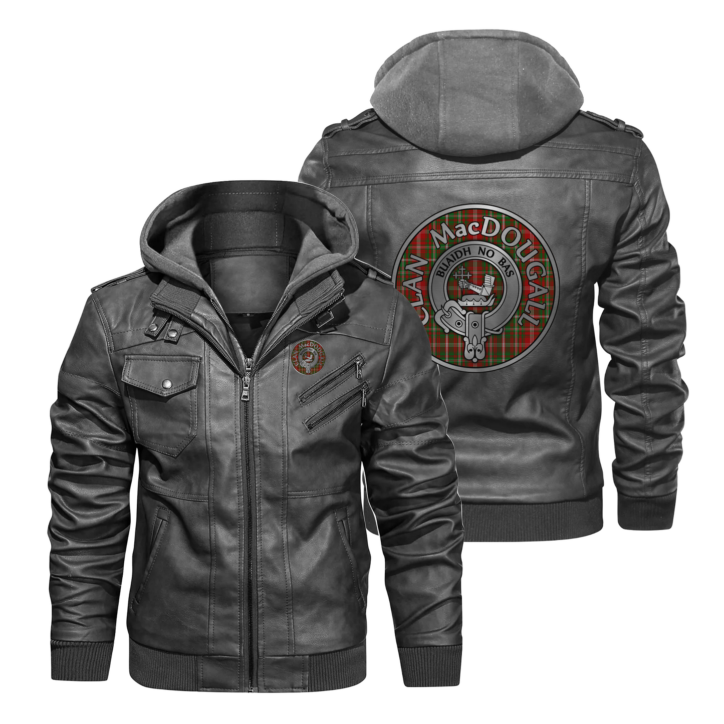 Clan MacDougall Crest & Tartan PU Leather Hooded Jacket