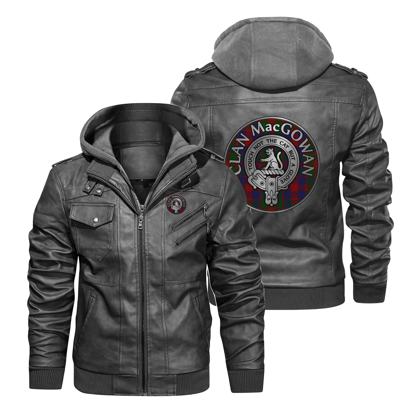 Clan MacGowan Crest & Tartan PU Leather Hooded Jacket