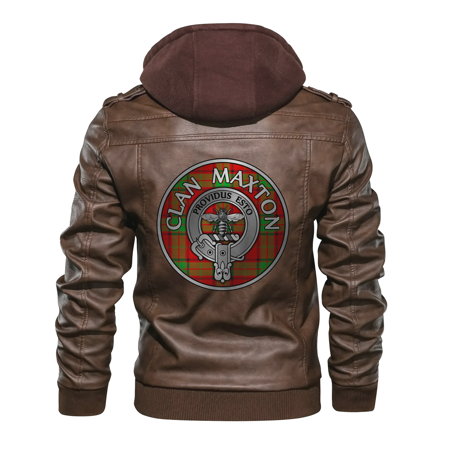 Clan Maxton Crest & Tartan PU Leather Hooded Jacket