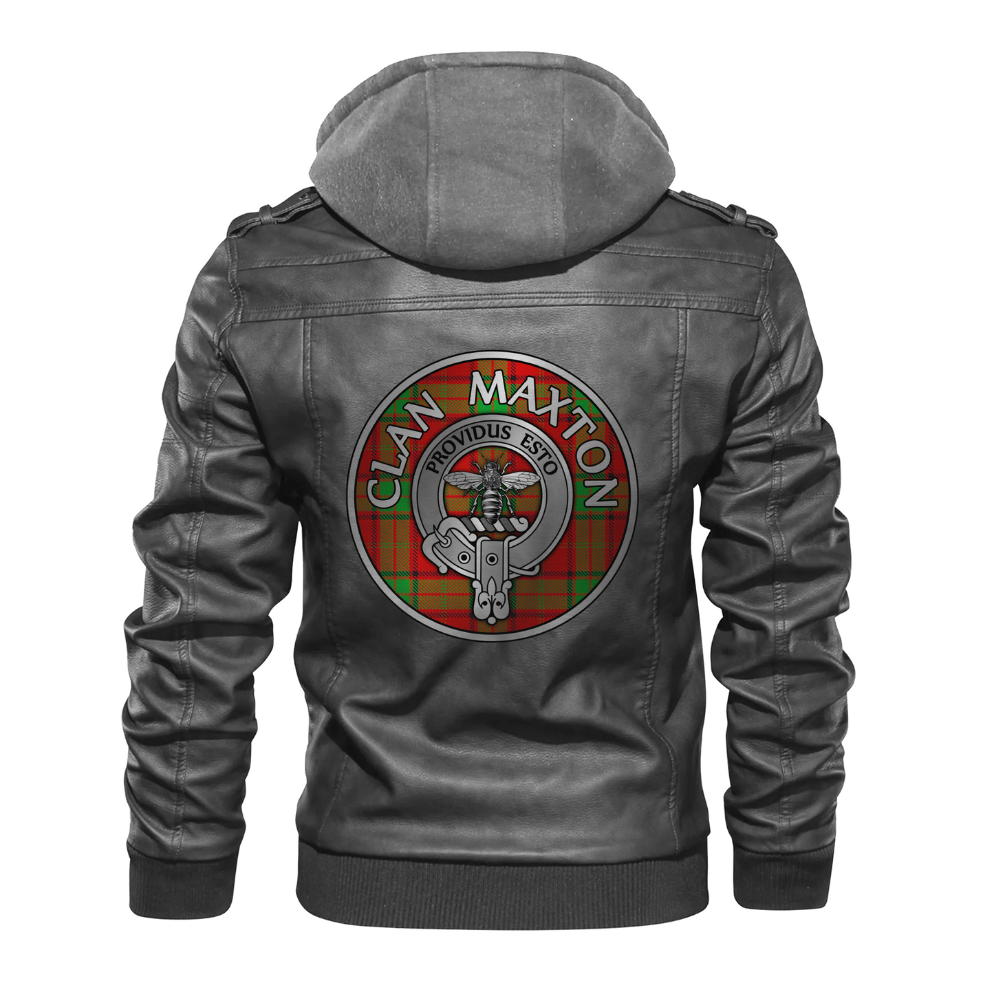 Clan Maxton Crest & Tartan PU Leather Hooded Jacket