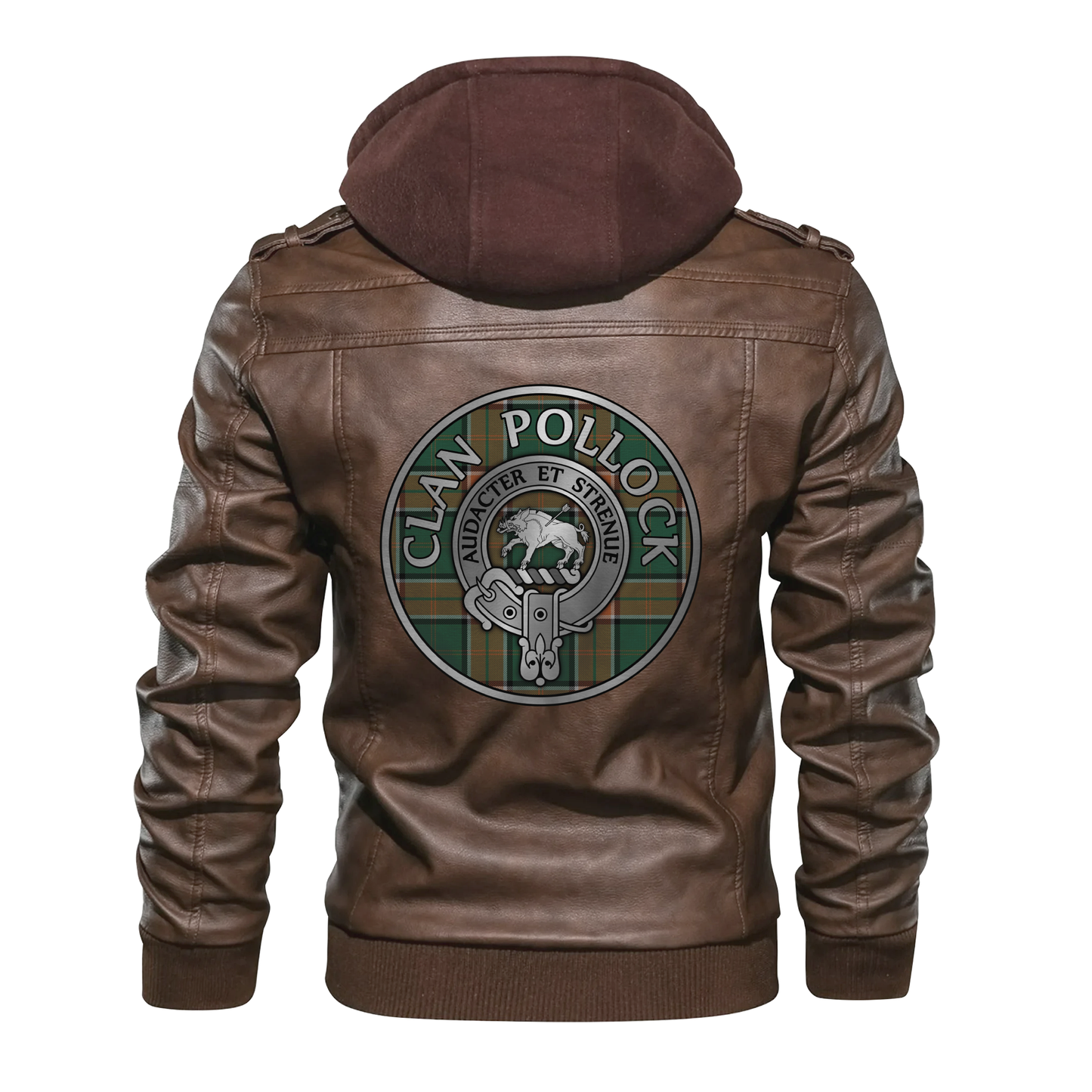 Clan Pollock Crest & Tartan PU Leather Hooded Jacket