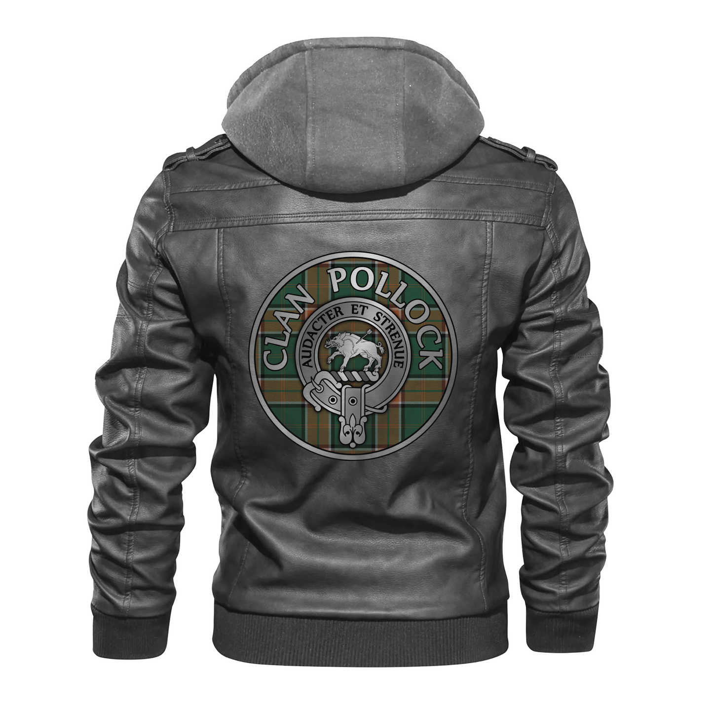 Clan Pollock Crest & Tartan PU Leather Hooded Jacket