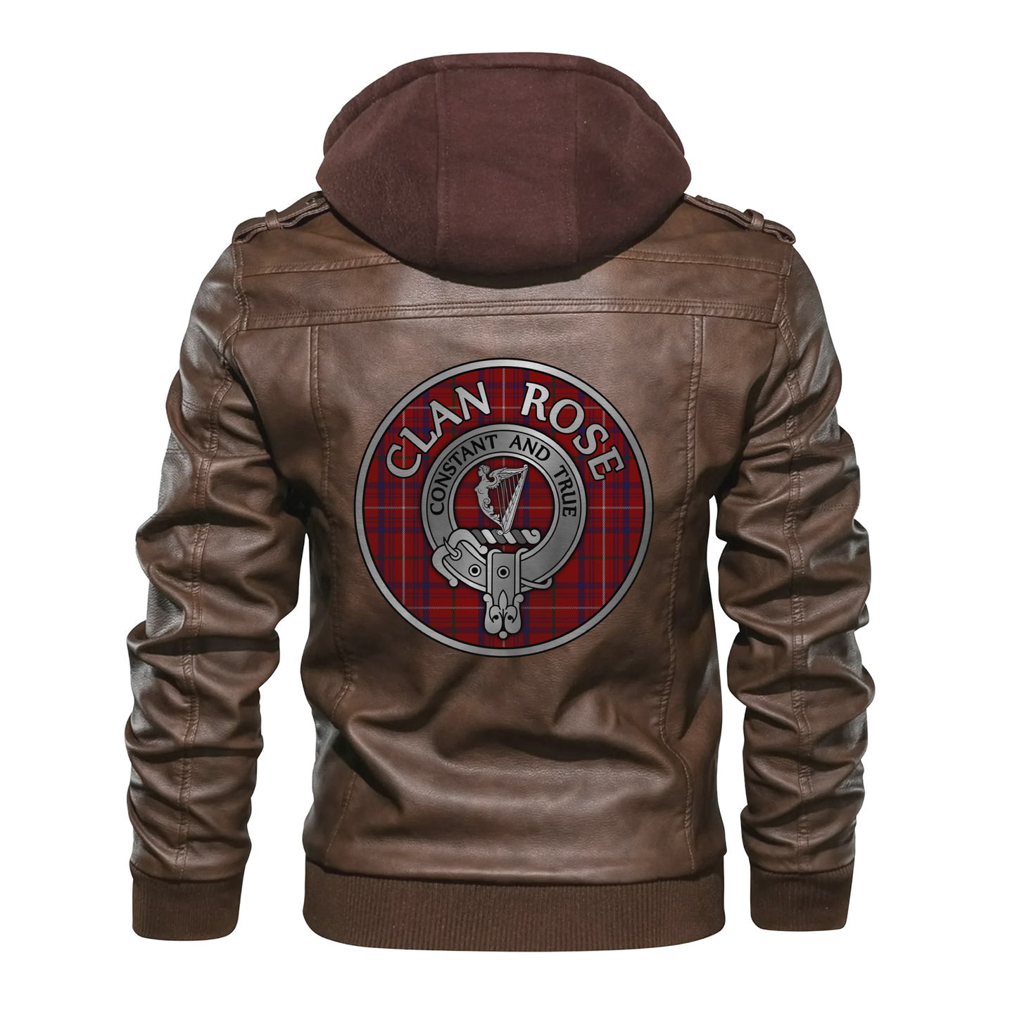 Clan Rose Crest & Tartan PU Leather Hooded Jacket