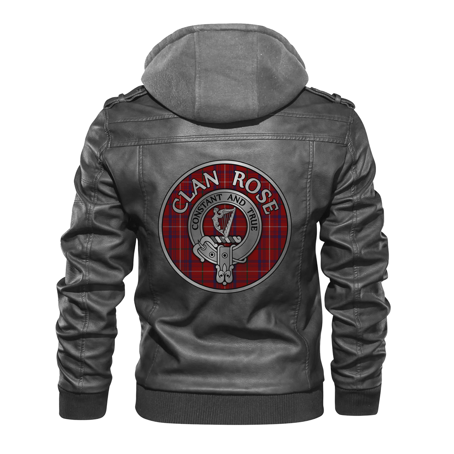 Clan Rose Crest & Tartan PU Leather Hooded Jacket