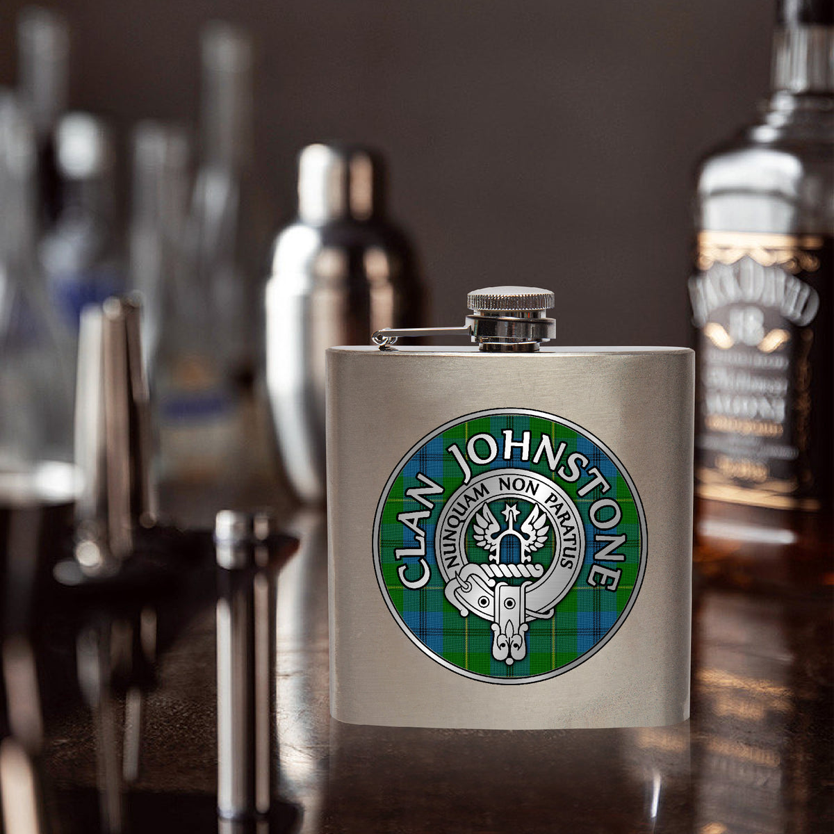 Clan Johnstone Crest & Tartan 7oz Stainless Steel Hip Flask
