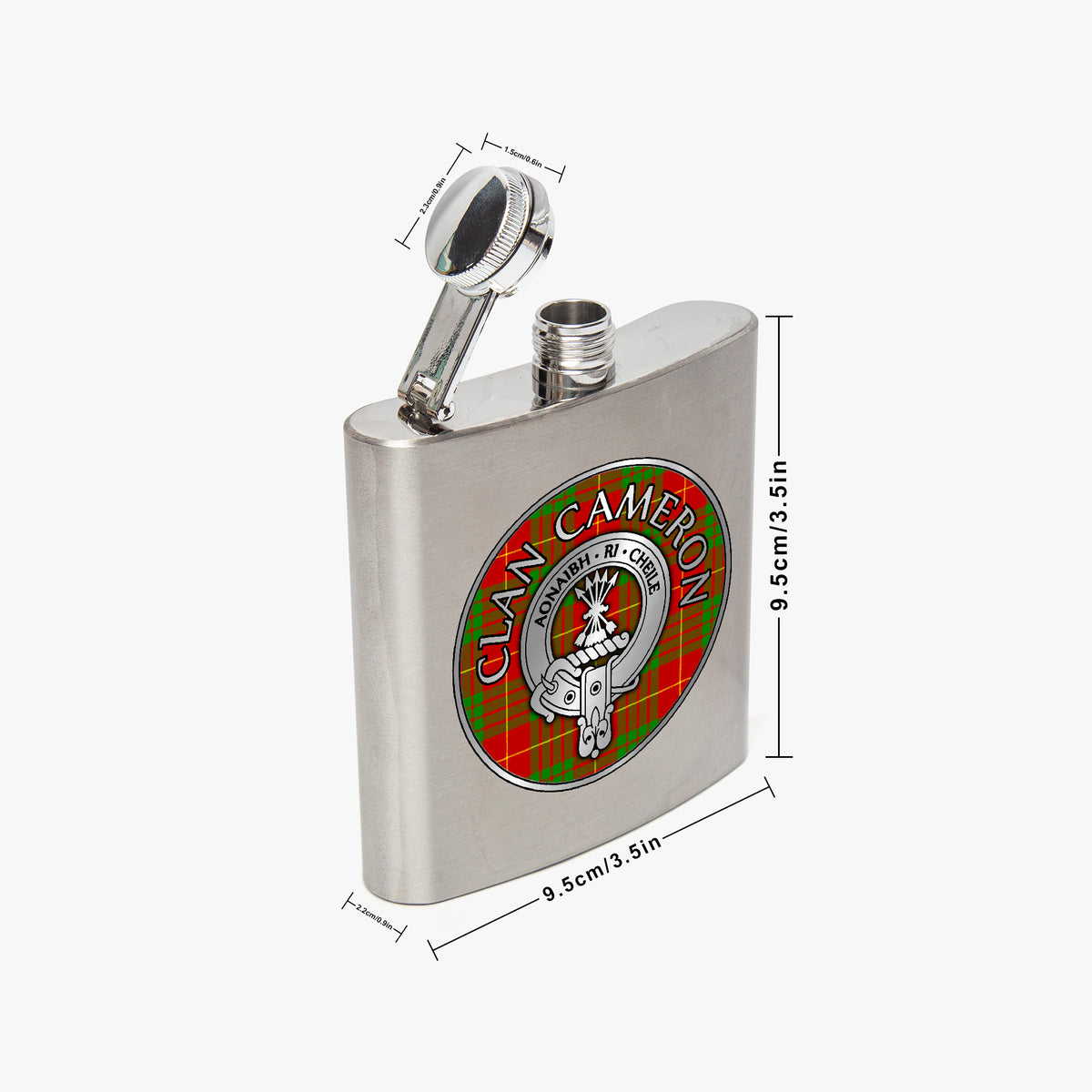 Clan Cameron Crest & Tartan 7oz Stainless Steel Hip Flask