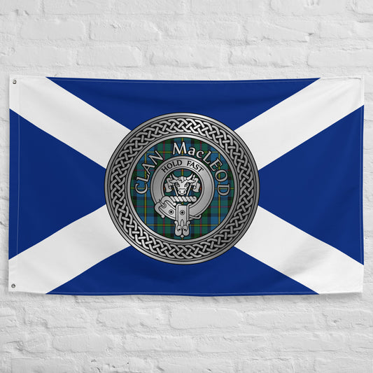 Clan MacLeod Crest & Harris Tartan on Saltire Flag